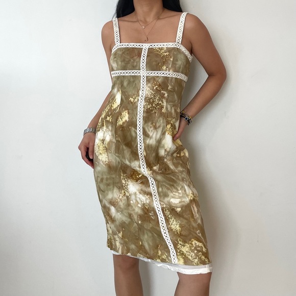 Vintage Franco Mirabelli Ochre Tie Dye White Lace Up Trim Knee Length Dress - Sm - Picture 3 of 4